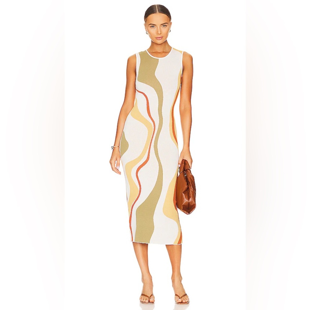 MINKPINK Abstract Wavy Print Knit Midi Dress - Earthy Tones - Boho Retro Style L